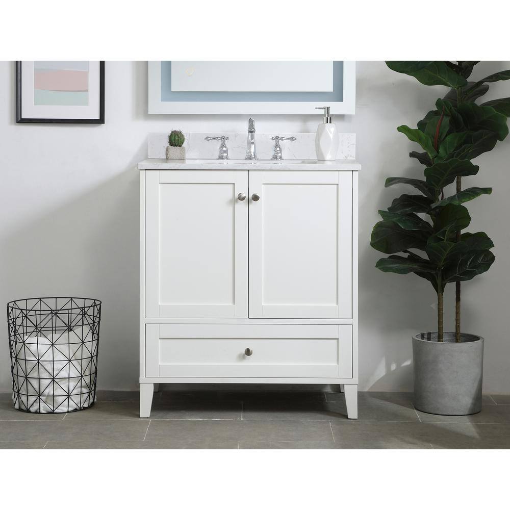Elegant White Quartz Top Single Bathroom Vanity with Storage Drawer
