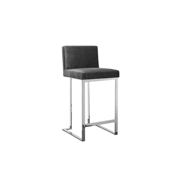 Benjara 26 in. Gray and Chrome Low Back Metal Frame Bar Stool with Velvet Seat
