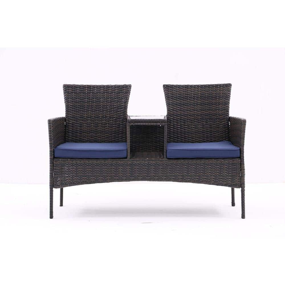 Plastic Outdoor Loveseat Built-in Coffee Table,Tempered Glass Top and Blue 