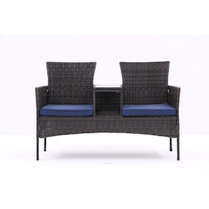 Plastic Outdoor Loveseat Built-in Coffee Table,Tempered Glass Top and Blue Removable Cushions for Garden,Lawn,Backyard