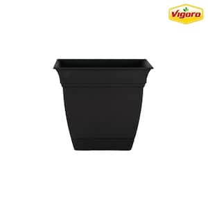 8 in. Mirabelle Small Black Plastic Square Planter (8 in. D x 7.3 in. H) with Drainage Hole and Attached Saucer