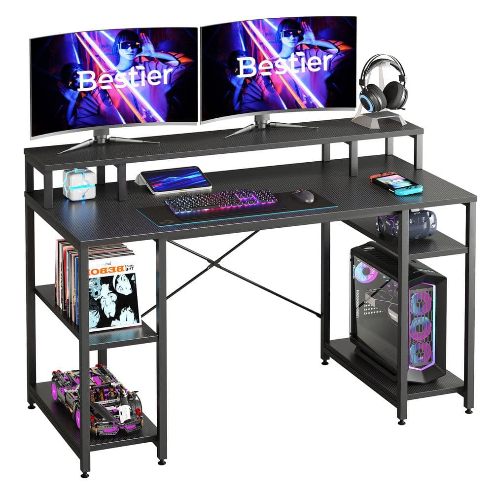 55 Computer Desk with Monitor Shelf and Storage Shelves, Gaming Desk,  Study Table with CPU Stand & Reversible Shelves, Black