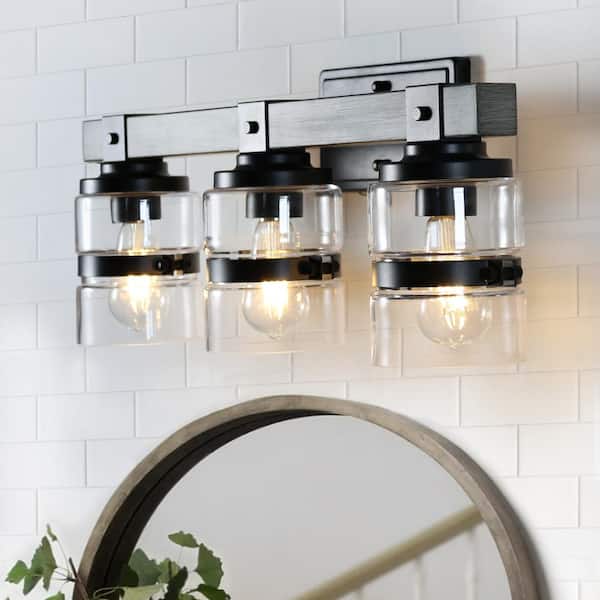 ExBrite Merrin 23 in. 3-Light Wood grain Bathroom Vanity Light with Metal decorative Shades