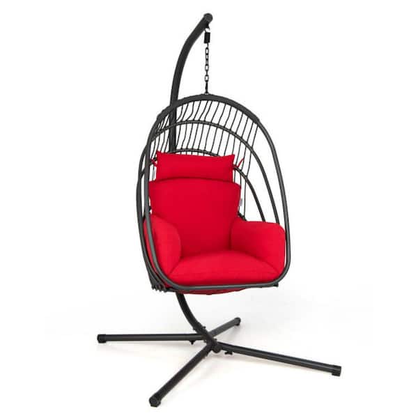Clihome 78 in. Free Standing Hanging Folding Egg Chair with Stand Soft Cushion Pillow Swing Hammock in Red