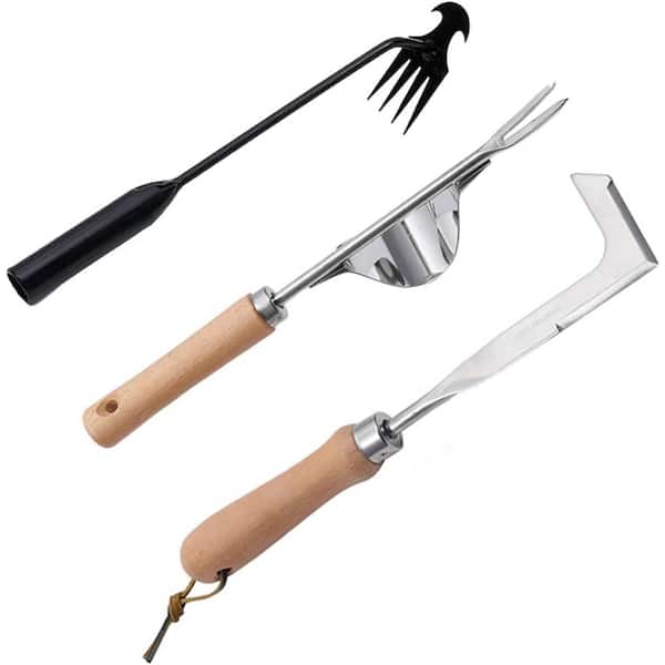 3 Pack Stainless Steel Garden Weeding Tool Set with L-Shape Crack Weeder, Manual Hand Weeder, 4 Teeth Puller