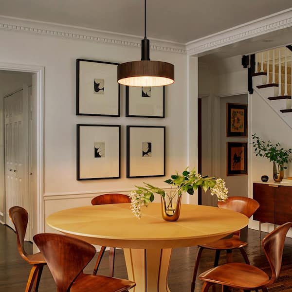 11.81 in. 60-Watt 1-Light Modern Matte Black Pendant Light with Wooden Shade