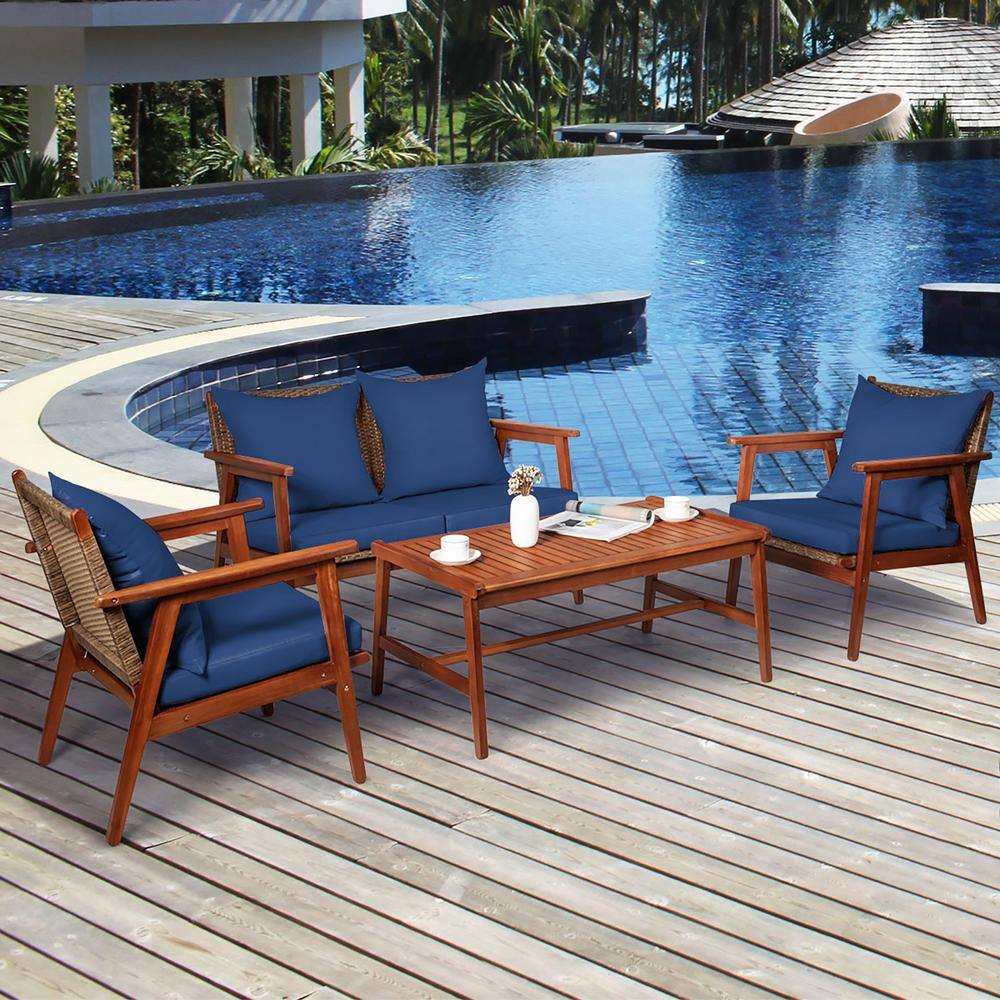 Navy Acacia Wood and Rattan 4-Piece Outdoor Patio Set