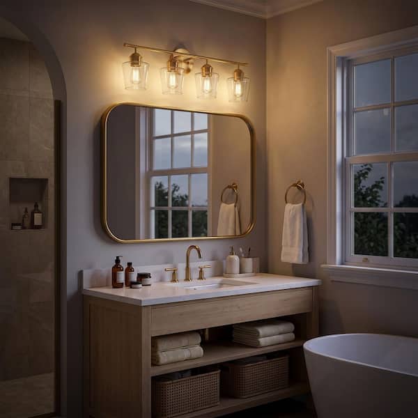 30.25 in. 4-Light Antique Brass Vanity Light with Clear Glass Shade