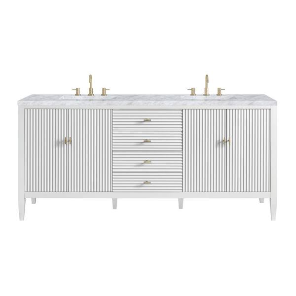 James Martin Vanities Myrrin 72.0 in. W x 23.5 in. D x 34.06 in. H Double Bathroom Vanity in Bright White with Carrara White Marble Top