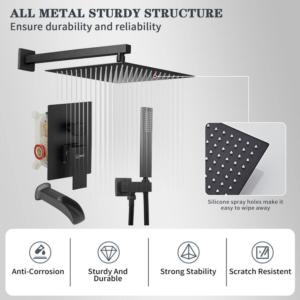 Matte Black Stainless Steel Square Rain Shower Faucet Set