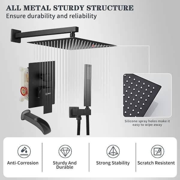 3-Spray Patterns With 2.5 GPM 12 in. Showerhead Wall Mounted Dual Shower Heads With Valve in Matte Black