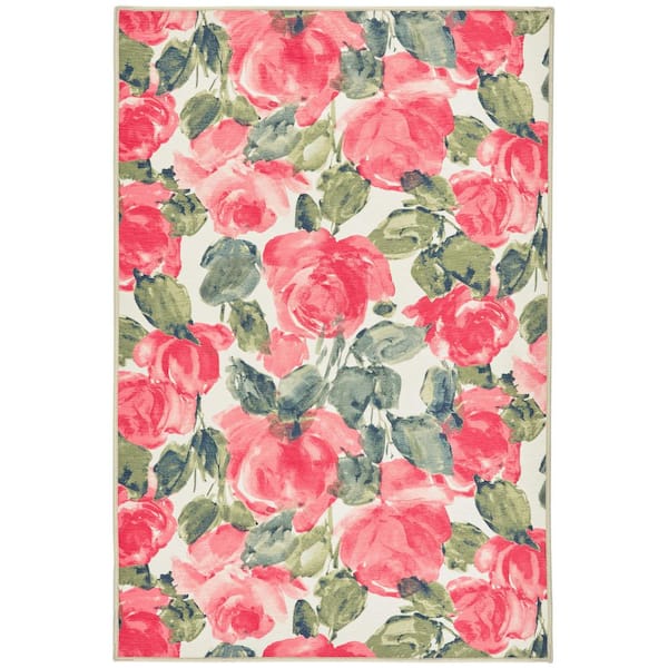 DASH & ALBERT Pretty Peonies Machine Washable Multi 3 ft. x 5 ft. Indoor Area Rug