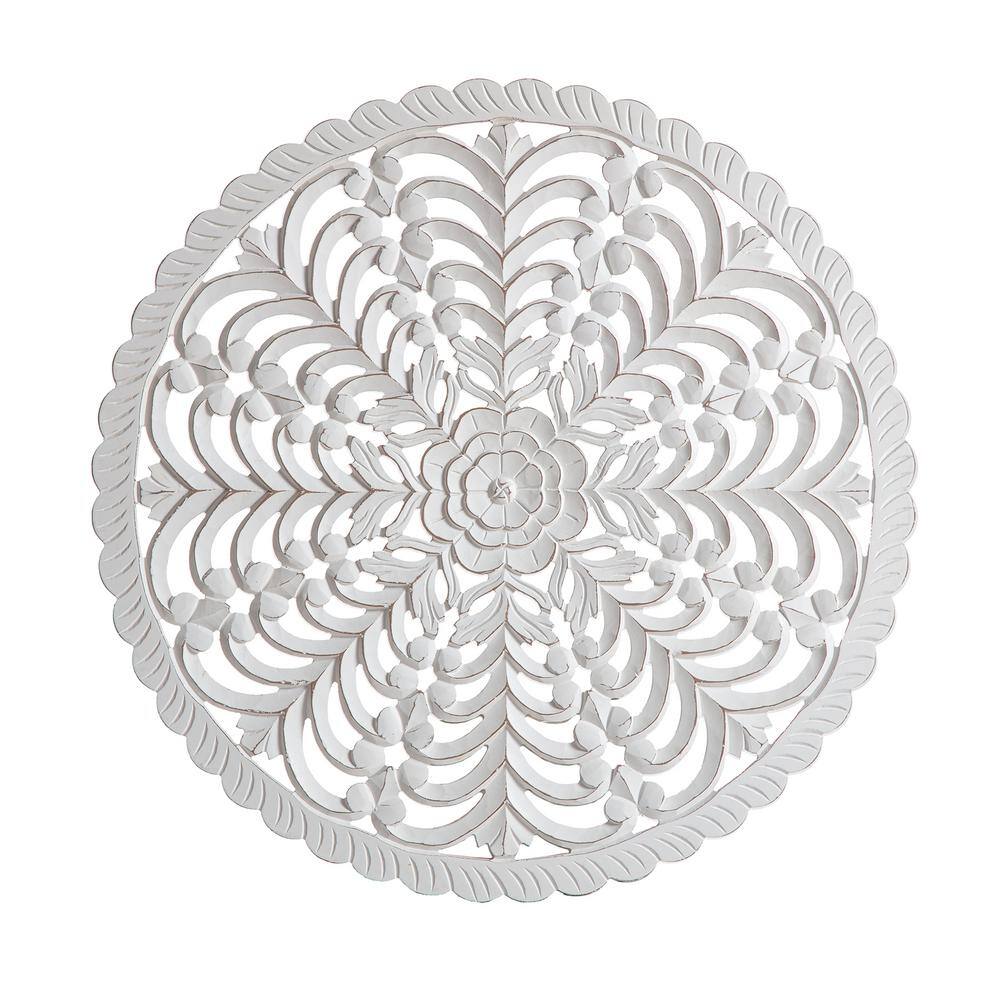 Lottie White Round Wood Bohemian Wall Medallion, 30-Inches