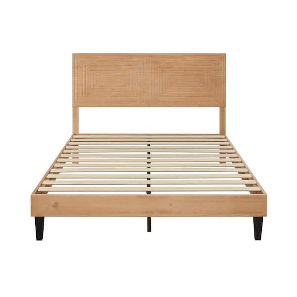 Ahokua 76.22 in. W Natual King Mid Century Modern Solid Wood Platform Bed with Adjustable Height Headboard