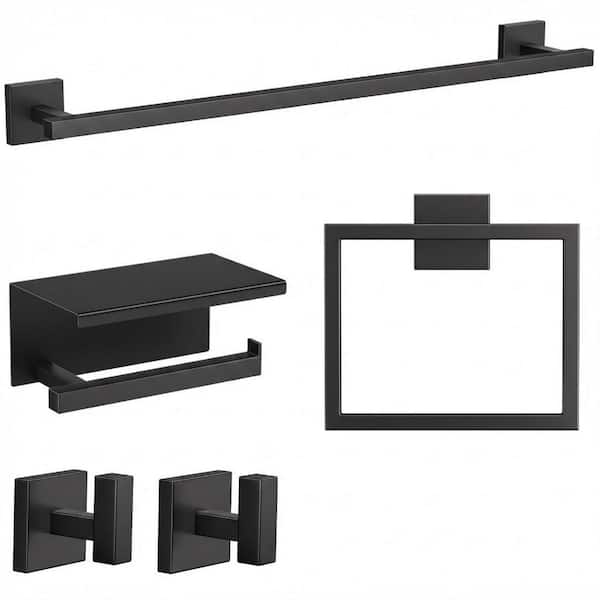 5-Piece Stainless Steel Bath Hardware Set with 23.6 in. Towel Bar, Toilet Paper Holder, Towel Ring, Towel Hook in Black