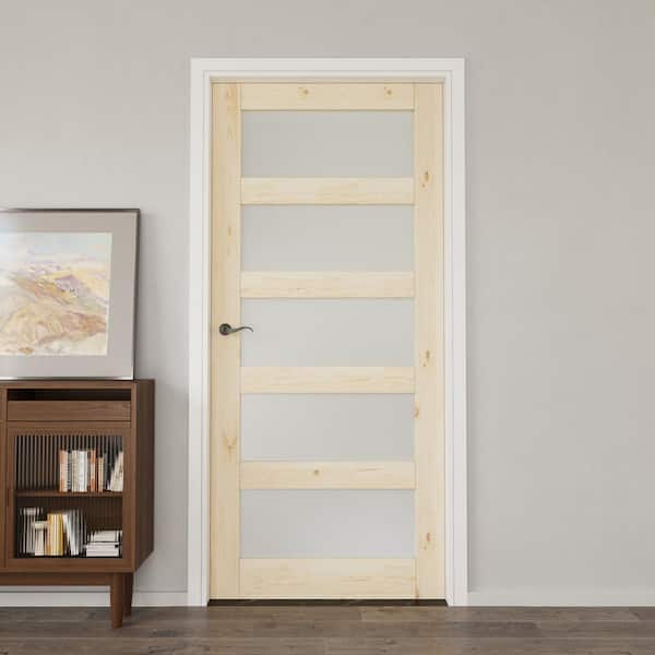36 in. x 80 in. Left Handed Frosted Glass Solid Core UniFinished Pine Wood Door with Quick Assemble Jamb 5-Lite