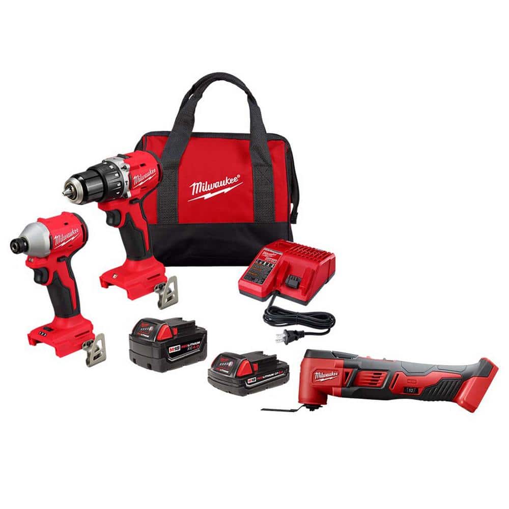 M18 18-Volt Lith-Ion Brushless Cordless Compact Hammer Drill/Impact Combo Kit (2-Tool) w/(2) Batteries & M18 Multi-Tool -  Milwaukee, 3693-22CX-26