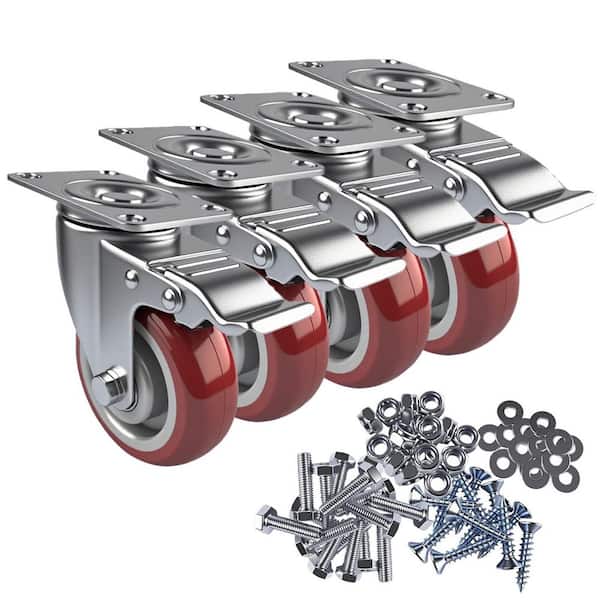 4-Pack Heavy Duty 4 Inch Gray Metal 360° Swivel Plate Locking Caster Wheels with Brakes, Load 2200 lbs.
