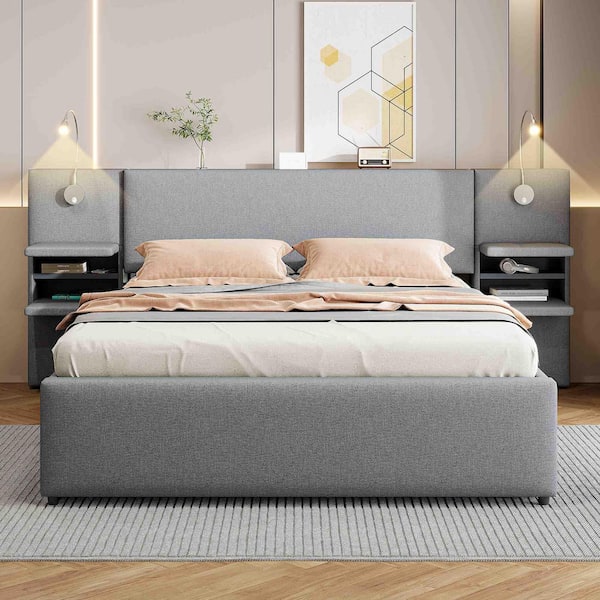 Gray Wood Frame Queen Upholstered Platform Bed with Reading Lights, Drawers, Trundle and Shelves