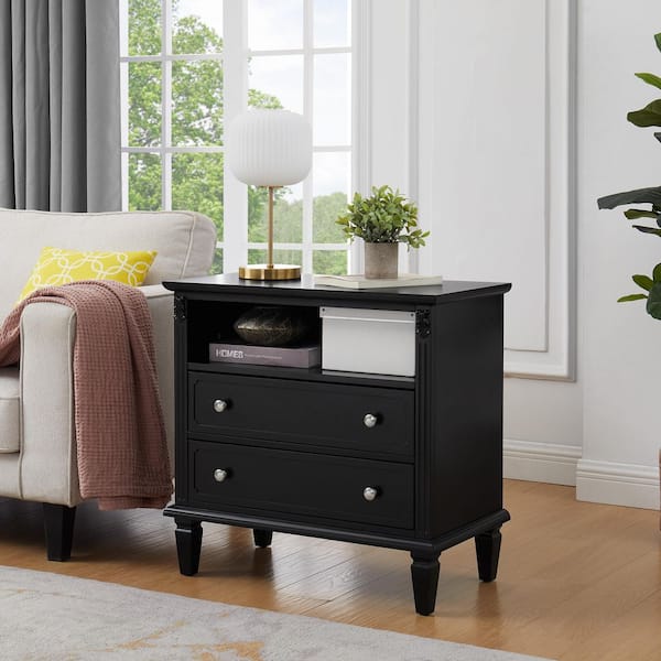 Zero Farmhouse Black 2-Drawer 28.3 in. W Wood Nightstand with Open Storage and Charging Station