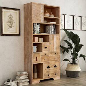 Amani 74.75 in. H Natural Mango Wood 6-Shelf Accent Bookcase with 6-Drawers