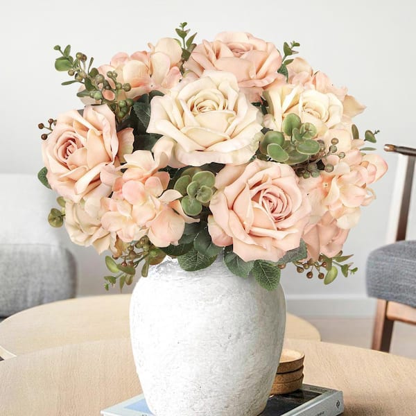 19 in. Champagne Peach Artificial Elegant Rose Hydrangea Flower Stem Bush Bouquet (Set of 2)