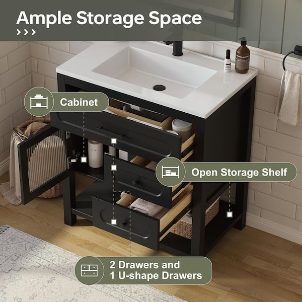 Obsidian 31 in. Single Sink Black Bath Vanity with White Engineered Solid Surface Top and 2 Drawers (Unassembled)