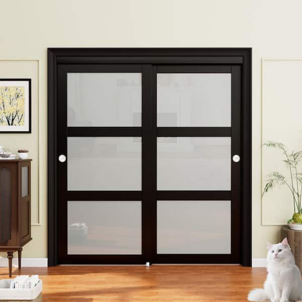 72 in. x 80 in. 3-Lite Black Tempered Frosted Glass Closet Sliding Door with Hardware