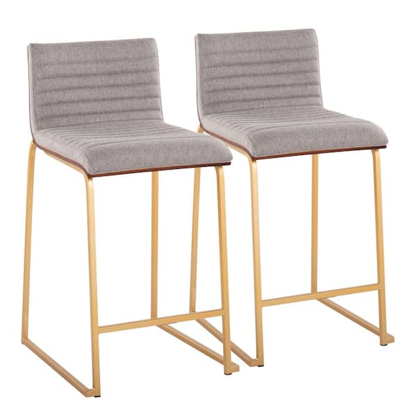 Lumisource Mason Mara 34 in. Grey Fabric and Gold Metal Counter Height Bar Stool with Walnut Wood Seat Back (Set of 2)