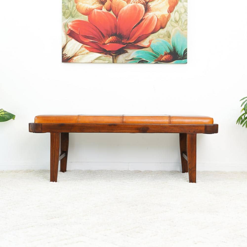 Tan Genuine Leather Teak Wood Mid-Century Modern Bench