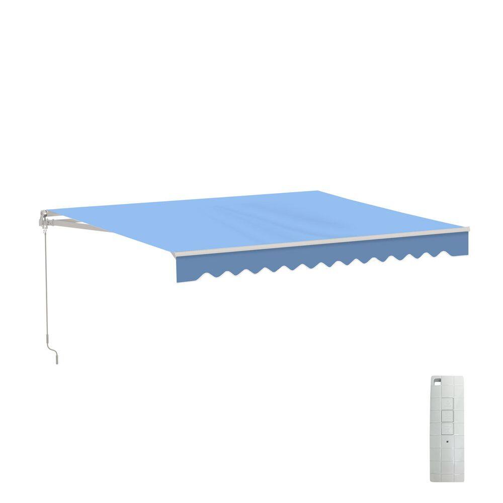 10 x 8 ft. Retractable Motorized Patio Awning - White Frame - Sky Blue Fabr