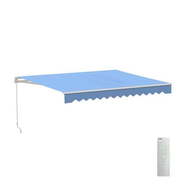 ALEKO 10 x 8 ft. Retractable Motorized Patio Awning - White Frame - Sky Blue Fabric