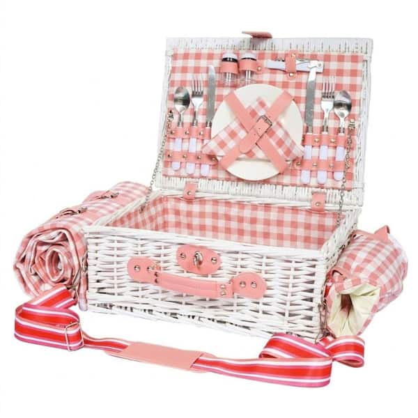 16.6 in. Picnic Basket Set with Insulated Cooler and Blanket Pink and White Grid 2-Person