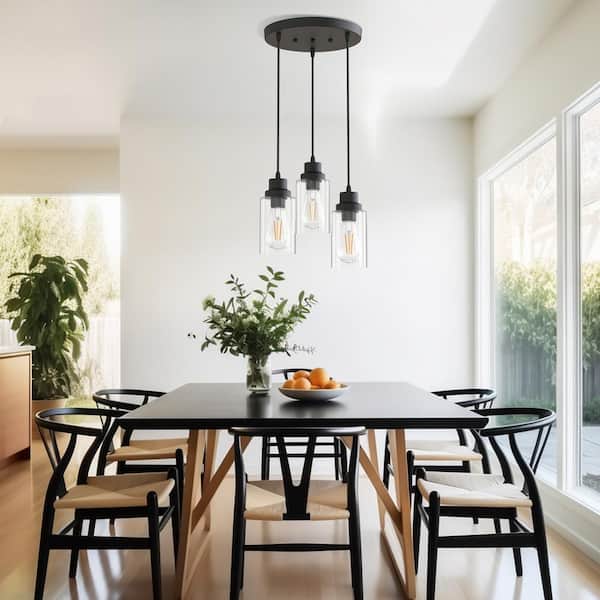 10 in. 3-Light Black Cluster Pendant Light with Clear Glass Shade, Kitchen Island Hanging Fixture, LED Bulbs Included