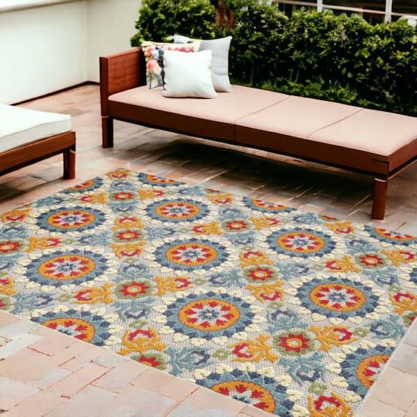 HomeRoots Orange, Ivory 8 X 10 ft. Woven Polypropylene Rectangle Indoor/Outdoor Area Rug
