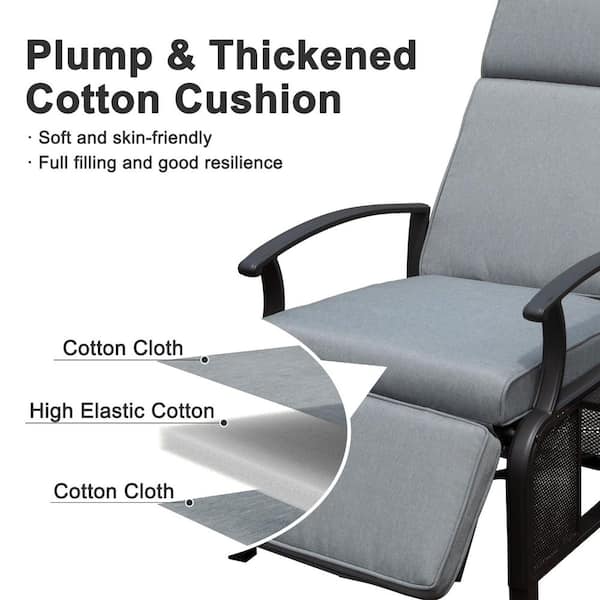 Black Adjustable Metal Frame Outdoor Patio Recliner with Extendable Side Table, Retractable Footrest and Gray Cushion