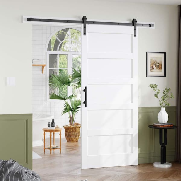 36 in. x 80 in. 5 Lite Manufactured Solid Wood Core White Finished Interior Sliding Barn Door with Hardware Kit