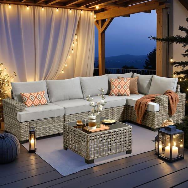 OVIOS Tiberty Gray 6-Piece Wicker Patio Conversation Seating Set with Gray Cushions