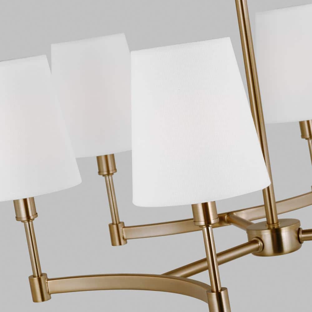 Chatfield Satin Brass and Black 6-Light Chandelier with White Linen Shades