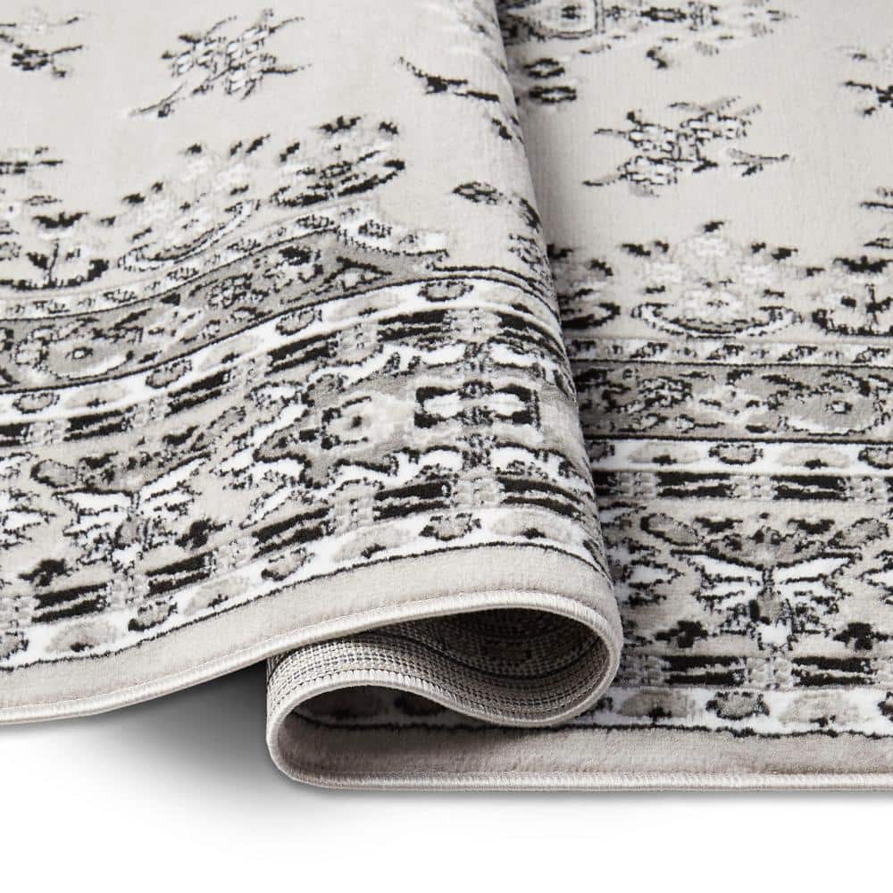 Gray Synthetic Stain-Resistant Traditional Medallion Area Rug