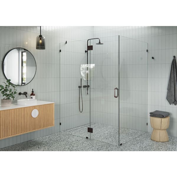Glass Warehouse 59 in. W x 44 in. D x 78 in. H Pivot Frameless Corner Shower Enclosure in Oil Rubbed Bronze Finish with Clear Glass