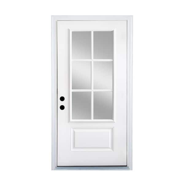 36 in. x 80 in. 1 Panel Right-Hand 6 Lite Clear Glass White Primed Fiberglass Prehung Front Door with Threshold, Hinge