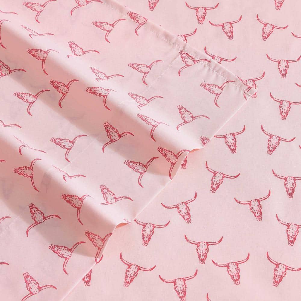 Pink Steer Skulls Print Queen Microfiber Sheet Set