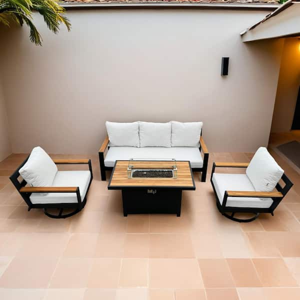 HiGreen Outdoor Lakehouse 4-Piece Black Aluminum Outdoor Patio Fire Pit Seating Set with Cast Natural Cushions