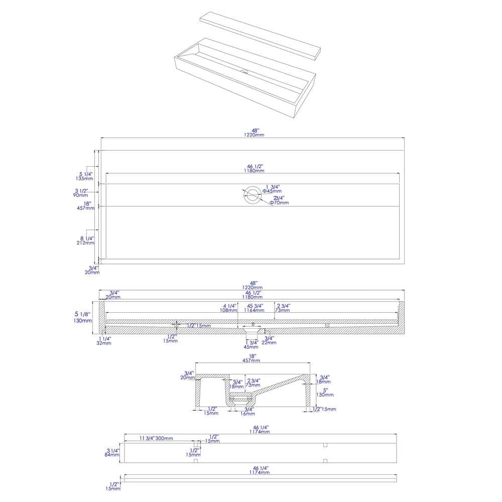 Gray Matte 52" Ceramic Rectangular Bathroom Sink