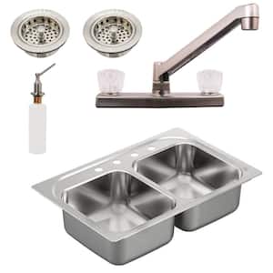33 in. Drop in/Undermount Double Bowl 18-Gaige 304-Stainless Steel Kitchen Sink with Double Handle Faucet, Satin Nickel