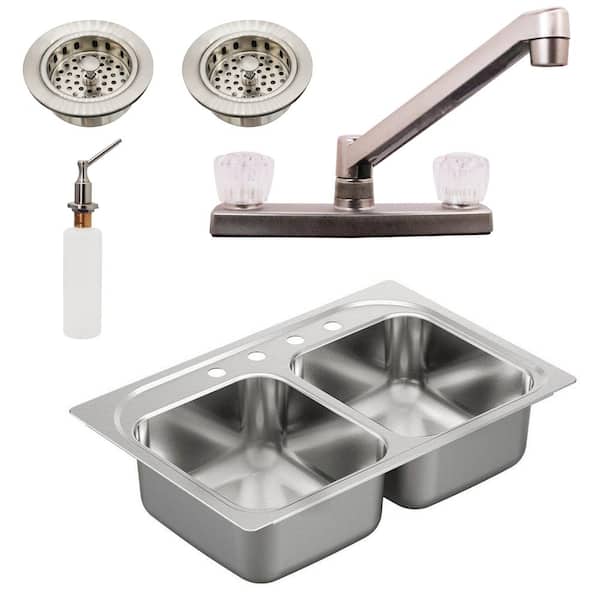 Westbrass 33 in. Drop in/Undermount Double Bowl 18-Gaige 304-Stainless Steel Kitchen Sink with Double Handle Faucet, Satin Nickel
