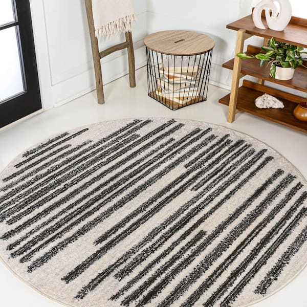 Khalil Modern Berber Stripe Cream/Black 7 ft. Round Area Rug