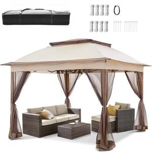 Outdoor 11 ft. x 11 ft. Brown Portable Canopy Shelter Large Shade Gazebo Tent for Patio Lawn and Garden