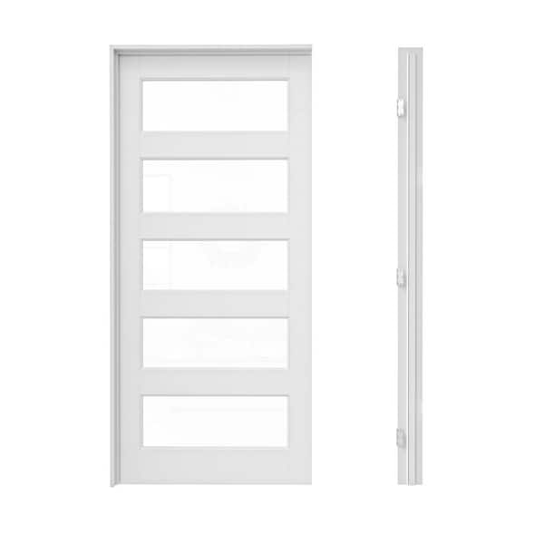 36 in. x 80 in. 5-Lite Clear Glass Right Hand White Solid Core Glass Single Prehung Interior Door+ Quick Assemble Jamb